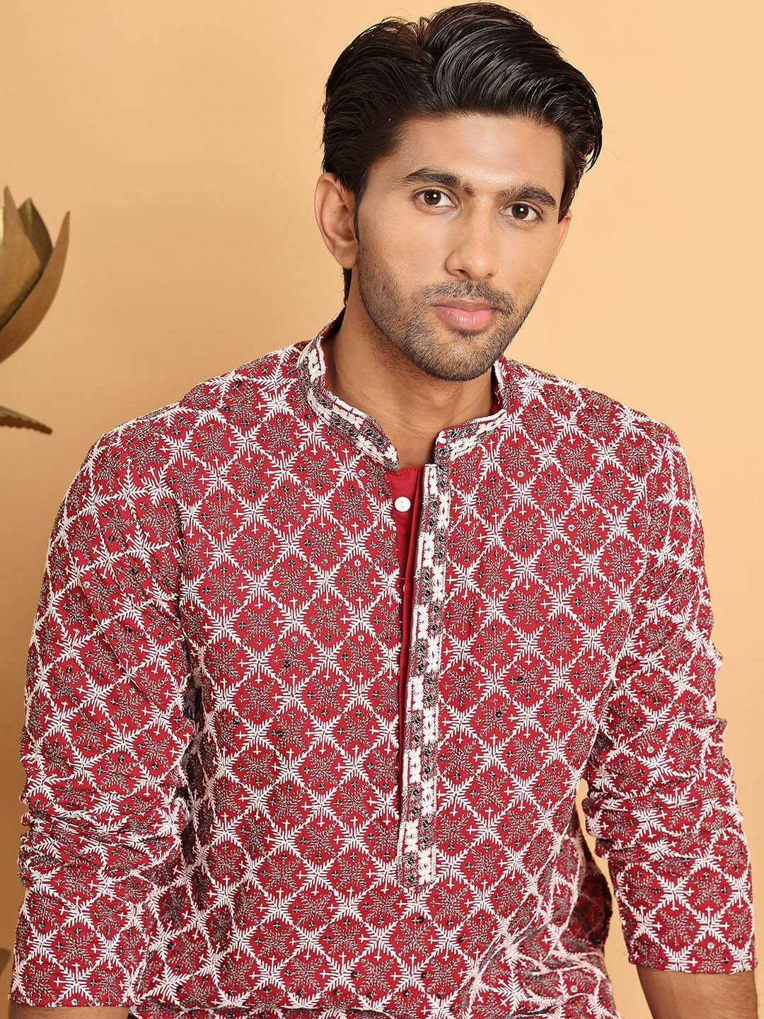 Buy Men’s Floral Embroidered Kurta Set with Pyjamas – Maroon | Indiaista