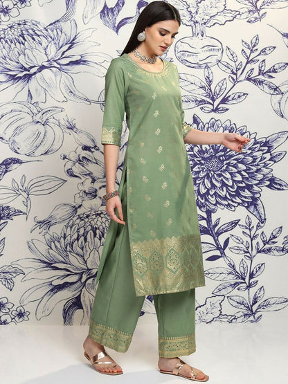 Green Ethnic Motifs Woven Kurta Set with Printed Palazzos & Dupatta - Stylish Women's Outfit | IndiaIsta