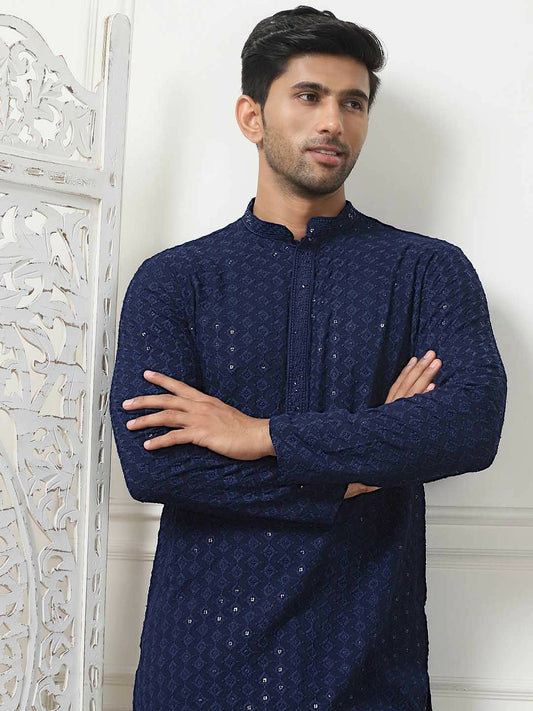 Men's Navy Blue & White Ethnic Embroidered Band Collar Kurta Set with Pyjamas - Sequinned Detailing, Regular Fit