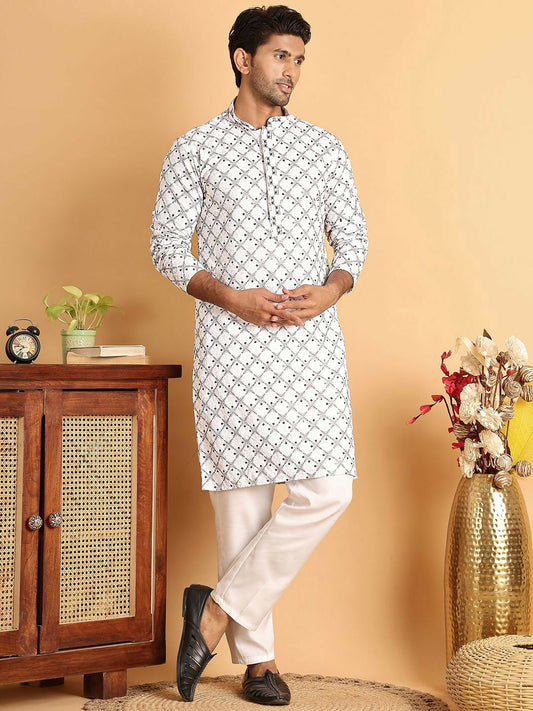 Buy Men’s Floral Embroidered White Kurta Set with Sequins & Pyjamas - Indiaista