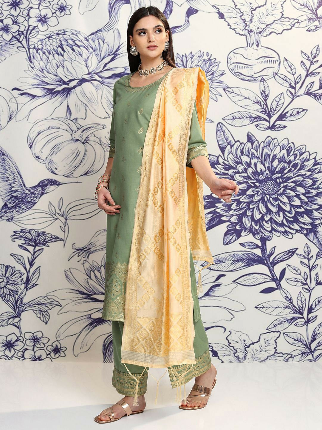 Green Ethnic Motifs Woven Kurta Set with Printed Palazzos & Dupatta - Stylish Women's Outfit | IndiaIsta