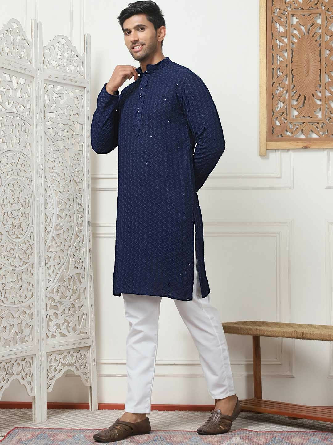 Men's Navy Blue & White Ethnic Embroidered Band Collar Kurta Set with Pyjamas - Sequinned Detailing, Regular Fit