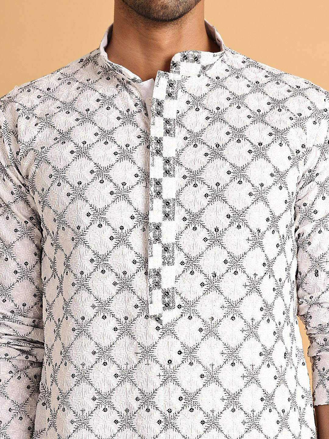 Buy Men’s Floral Embroidered White Kurta Set with Sequins & Pyjamas - Indiaista