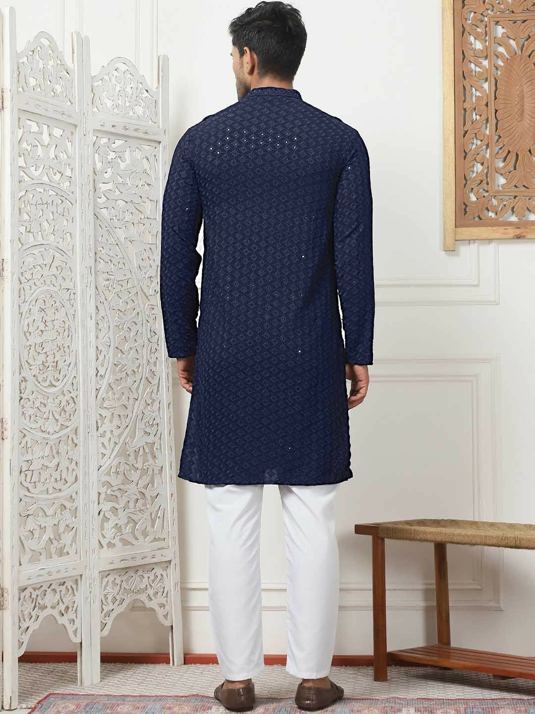 Men's Navy Blue & White Ethnic Embroidered Band Collar Kurta Set with Pyjamas - Sequinned Detailing, Regular Fit