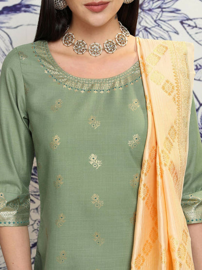 Green Ethnic Motifs Woven Kurta Set with Printed Palazzos & Dupatta - Stylish Women's Outfit | IndiaIsta