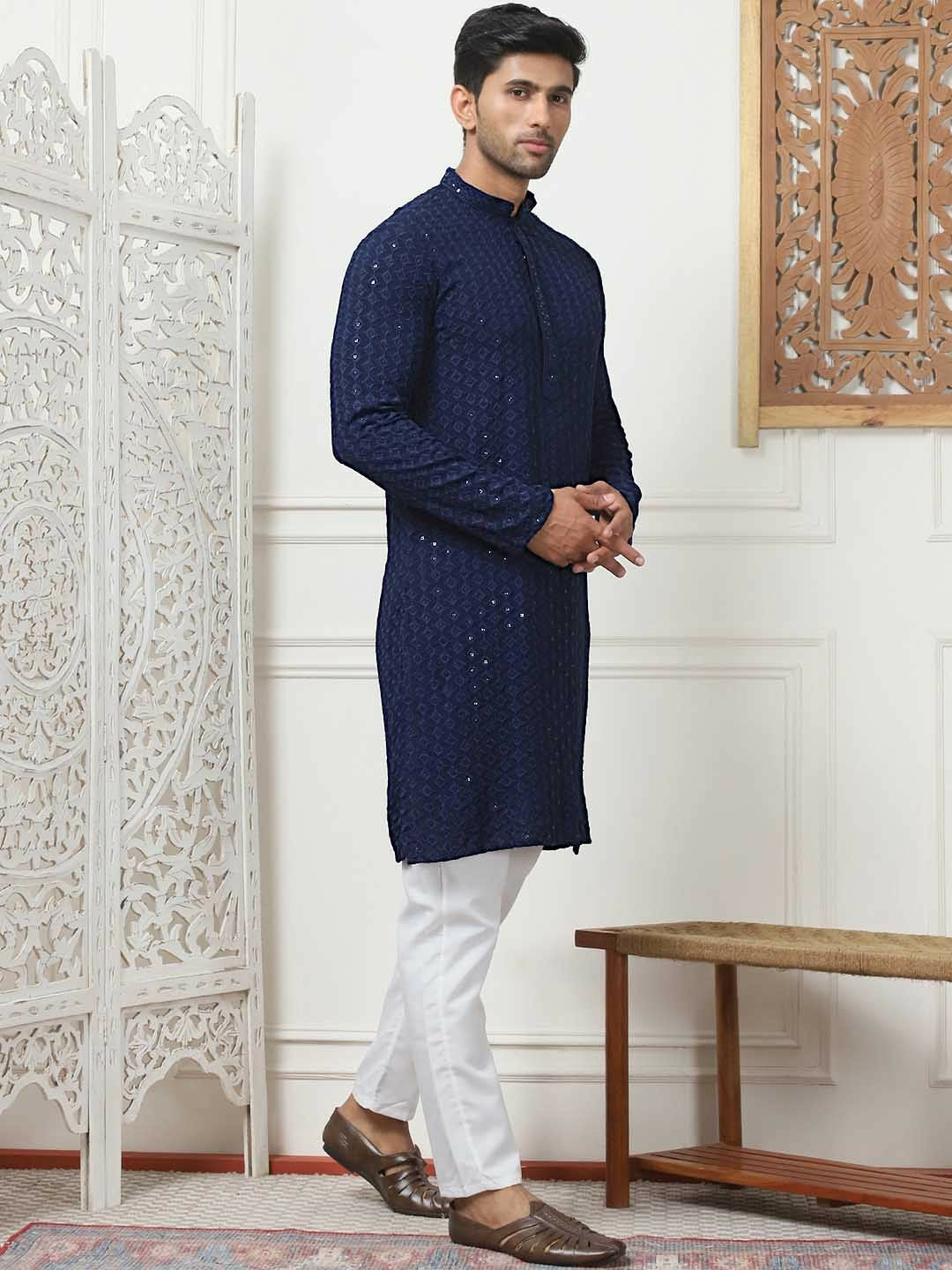 Men's Navy Blue & White Ethnic Embroidered Band Collar Kurta Set with Pyjamas - Sequinned Detailing, Regular Fit