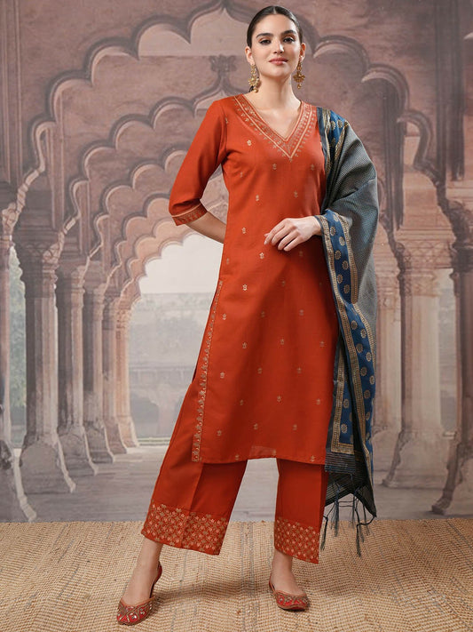 Buy Rust Embroidered Kurta Set with Palazzos & Dupatta - Ethnic Motifs, Comfortable & Stylish | Indiaista