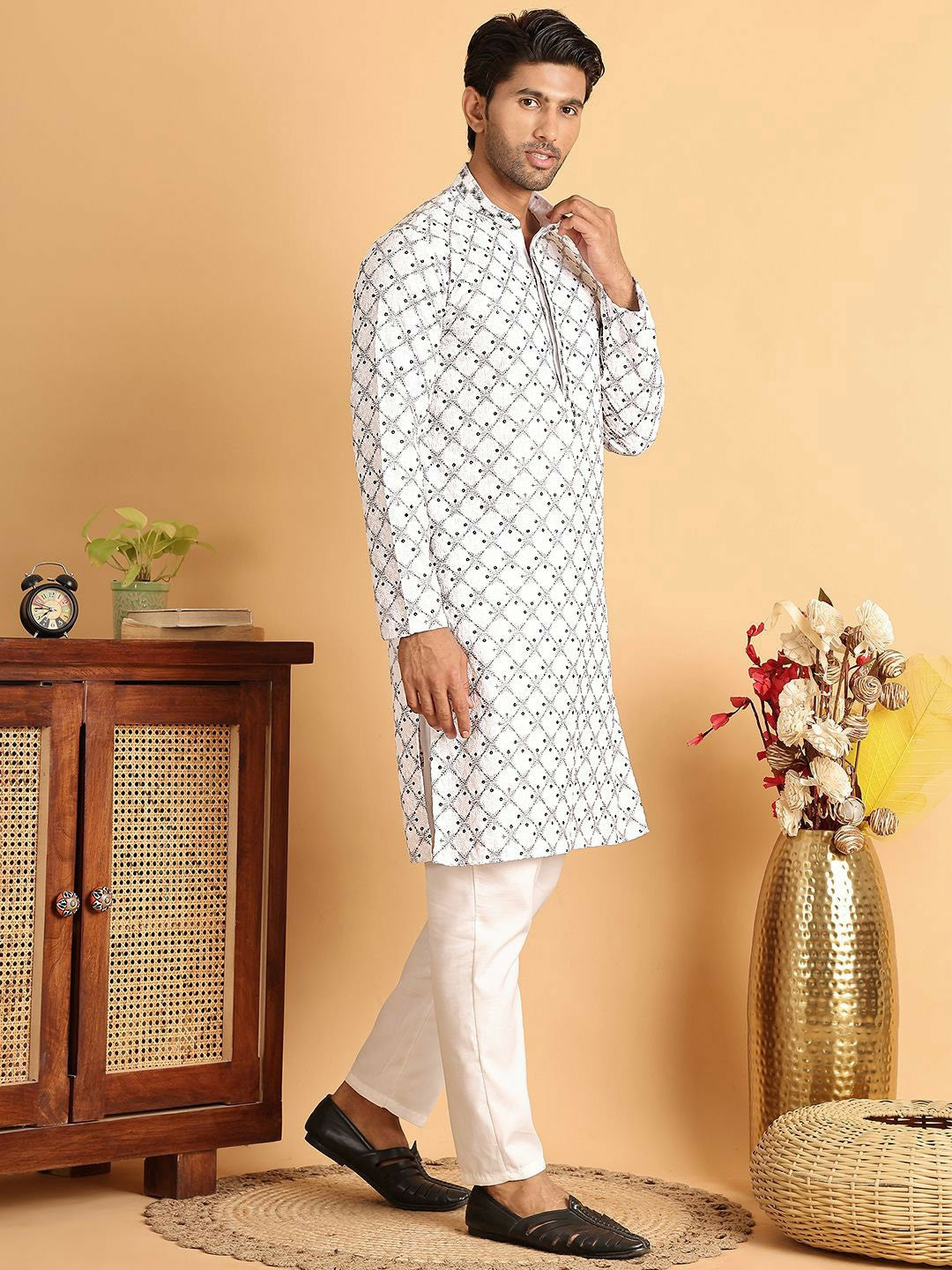 Buy Men’s Floral Embroidered White Kurta Set with Sequins & Pyjamas - Indiaista