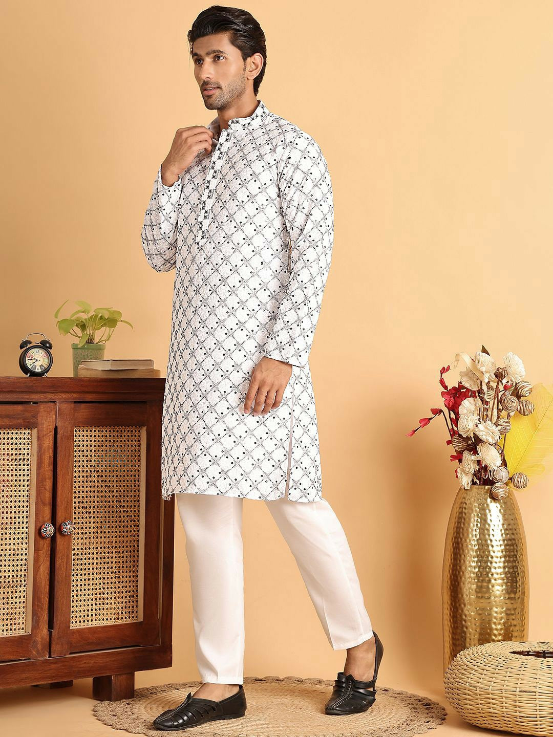 Buy Men’s Floral Embroidered White Kurta Set with Sequins & Pyjamas - Indiaista