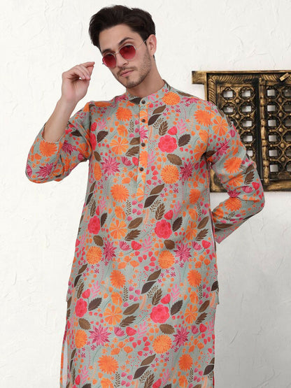 Buy Floral Printed Pure Cotton Kurta Set for Men – Grey, Orange & Green | Indiaista