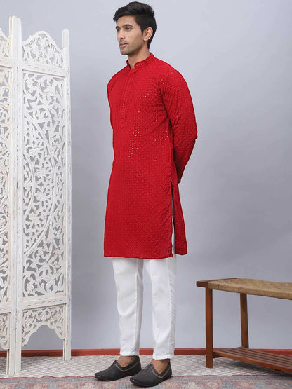 Buy Men’s Maroon Floral Embroidered Kurta Set with Pyjamas | Pure Cotton & Sequinned Detail