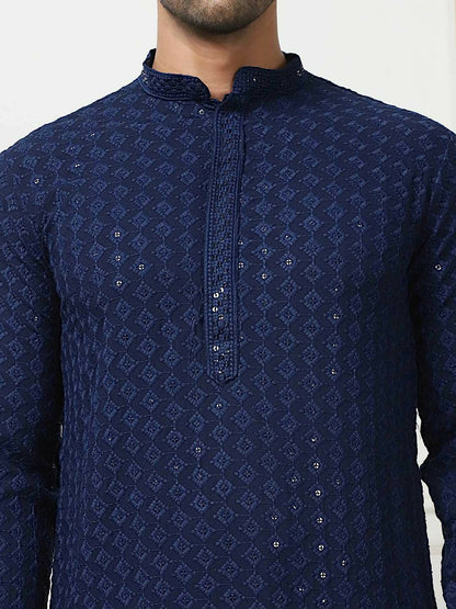 Men's Navy Blue & White Ethnic Embroidered Band Collar Kurta Set with Pyjamas - Sequinned Detailing, Regular Fit