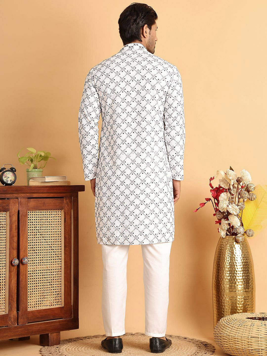 Buy Men’s Floral Embroidered White Kurta Set with Sequins & Pyjamas - Indiaista