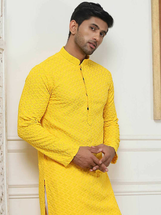 Men Yellow Floral Embroidered Regular Chikankari Kurta with Pyjama | Traditional Kurta Set for Men - Indiaista