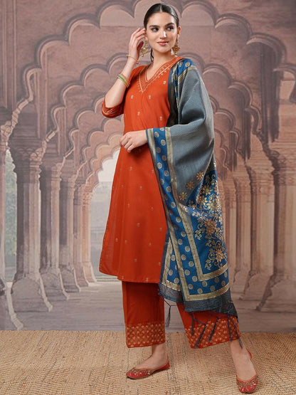 Buy Rust Embroidered Kurta Set with Palazzos & Dupatta - Ethnic Motifs, Comfortable & Stylish | Indiaista