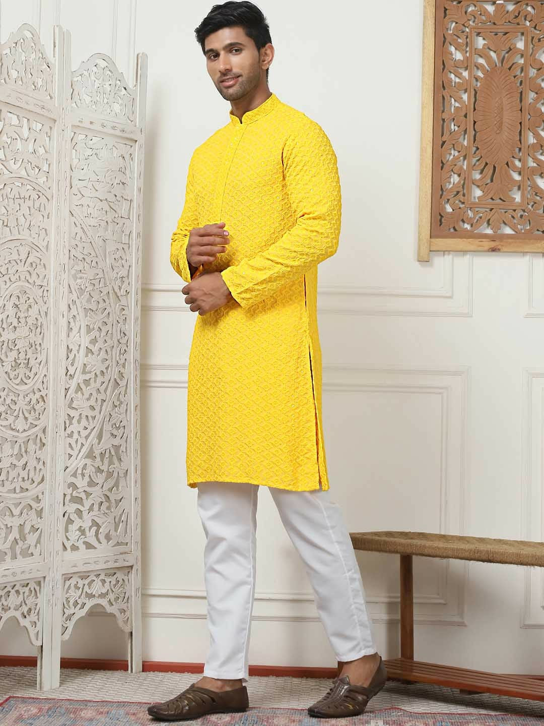 Men Yellow Floral Embroidered Regular Chikankari Kurta with Pyjama | Traditional Kurta Set for Men - Indiaista