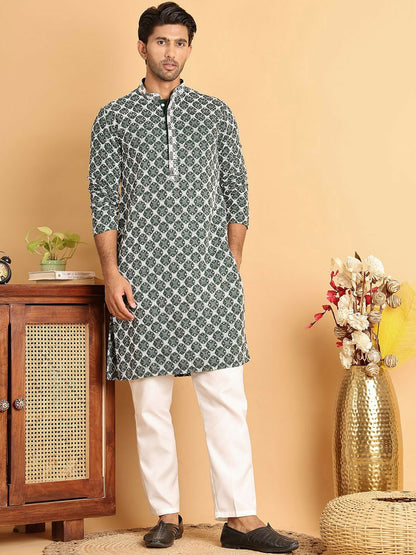 Buy Olive Green Floral Embroidered Sequinned Kurta Set for Men – Indiaista