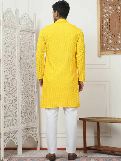 Men Yellow Floral Embroidered Regular Chikankari Kurta with Pyjama | Traditional Kurta Set for Men - Indiaista