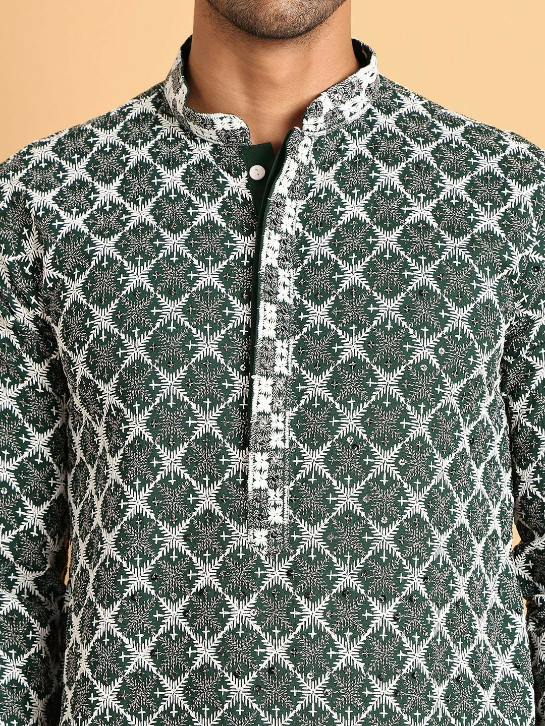 Buy Olive Green Floral Embroidered Sequinned Kurta Set for Men – Indiaista