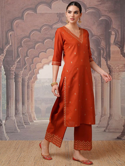 Buy Rust Embroidered Kurta Set with Palazzos & Dupatta - Ethnic Motifs, Comfortable & Stylish | Indiaista