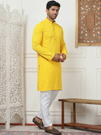 Men Yellow Floral Embroidered Regular Chikankari Kurta with Pyjama | Traditional Kurta Set for Men - Indiaista