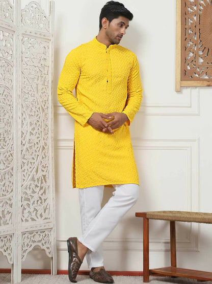 Men Yellow Floral Embroidered Regular Chikankari Kurta with Pyjama | Traditional Kurta Set for Men - Indiaista