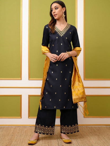 Buy Women’s Navy Blue Ethnic Motifs Printed Kurta with Palazzos & Dupatta Set Online - Indiaista