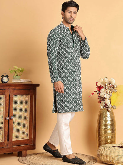 Buy Olive Green Floral Embroidered Sequinned Kurta Set for Men – Indiaista