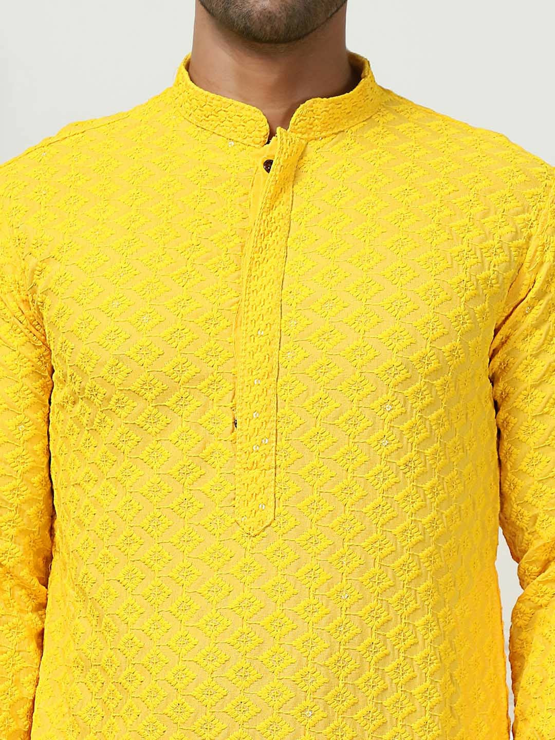 Men Yellow Floral Embroidered Regular Chikankari Kurta with Pyjama | Traditional Kurta Set for Men - Indiaista