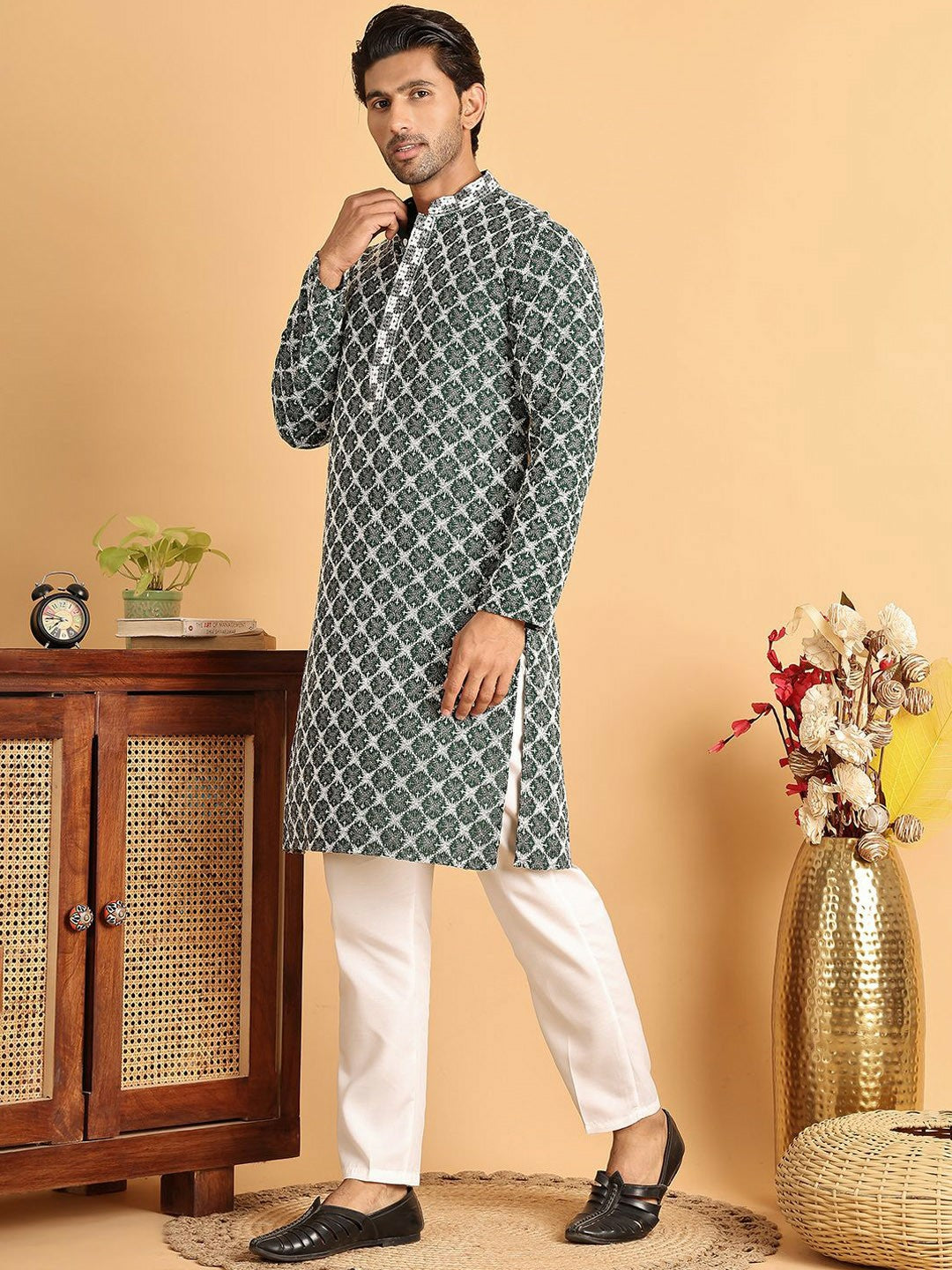 Buy Olive Green Floral Embroidered Sequinned Kurta Set for Men – Indiaista