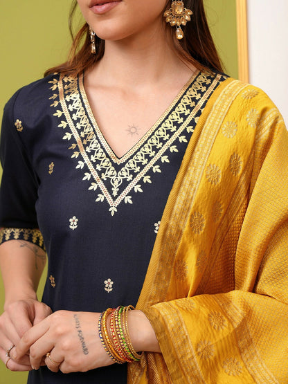 Buy Women’s Navy Blue Ethnic Motifs Printed Kurta with Palazzos & Dupatta Set Online - Indiaista