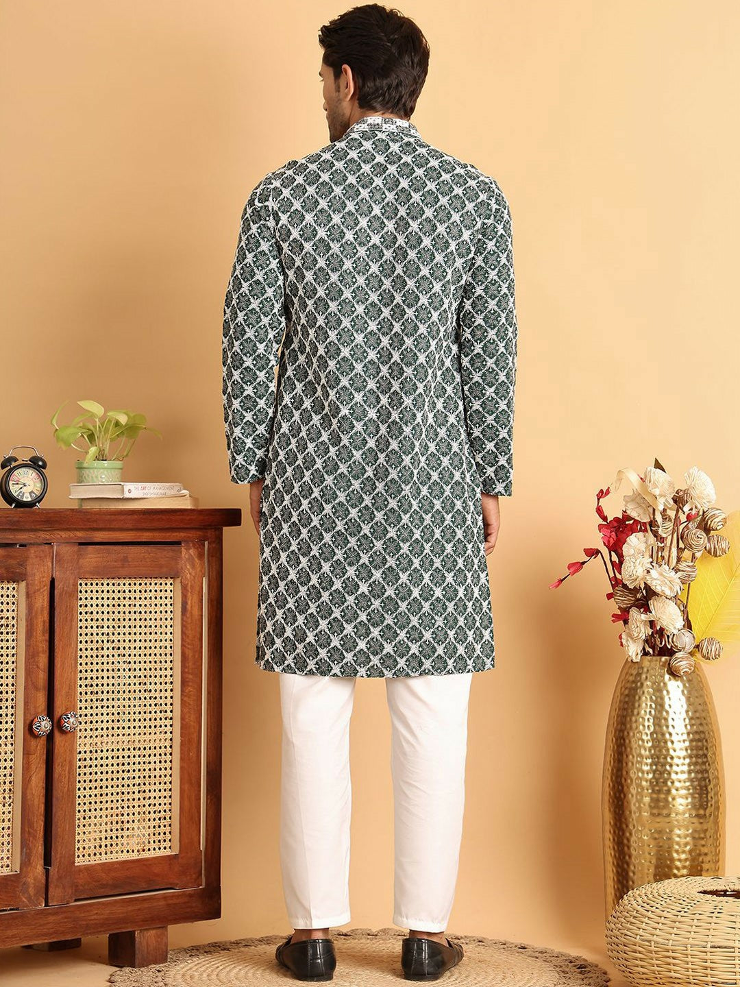 Buy Olive Green Floral Embroidered Sequinned Kurta Set for Men – Indiaista