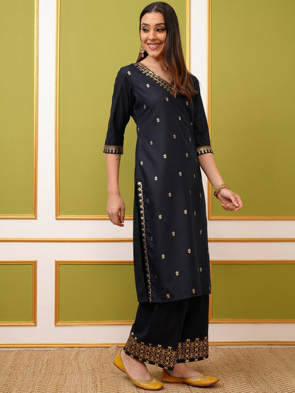 Buy Women’s Navy Blue Ethnic Motifs Printed Kurta with Palazzos & Dupatta Set Online - Indiaista