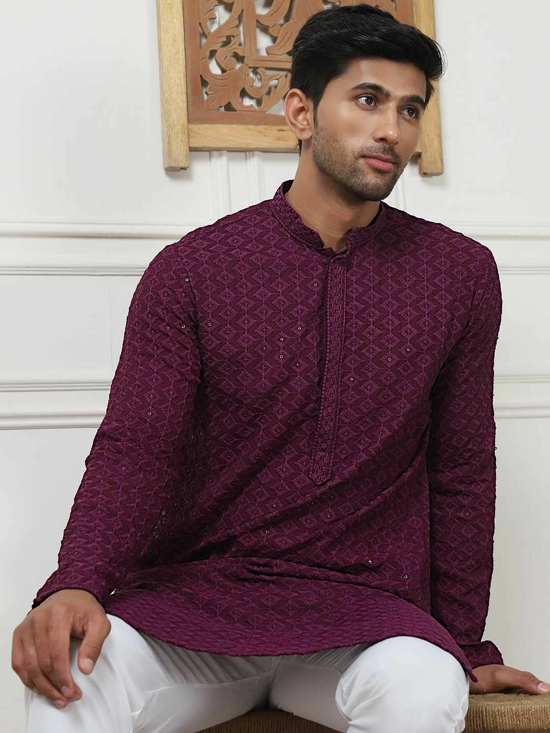 Men Embroidered Regular Sequinned Kurta with Purple Pyjamas – Stylish & Comfortable Kurta Set for Men