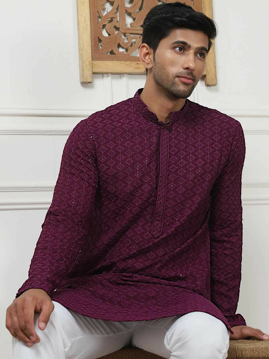 Men Embroidered Regular Sequinned Kurta with Purple Pyjamas – Stylish & Comfortable Kurta Set for Men