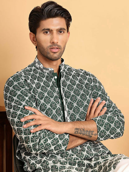 Buy Olive Green Floral Embroidered Sequinned Kurta Set for Men – Indiaista