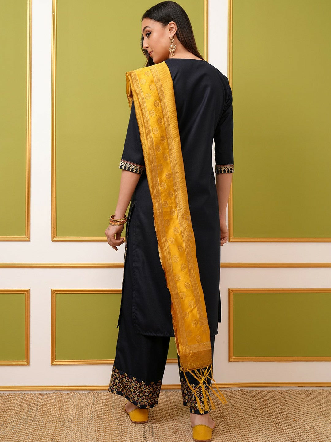 Buy Women’s Navy Blue Ethnic Motifs Printed Kurta with Palazzos & Dupatta Set Online - Indiaista