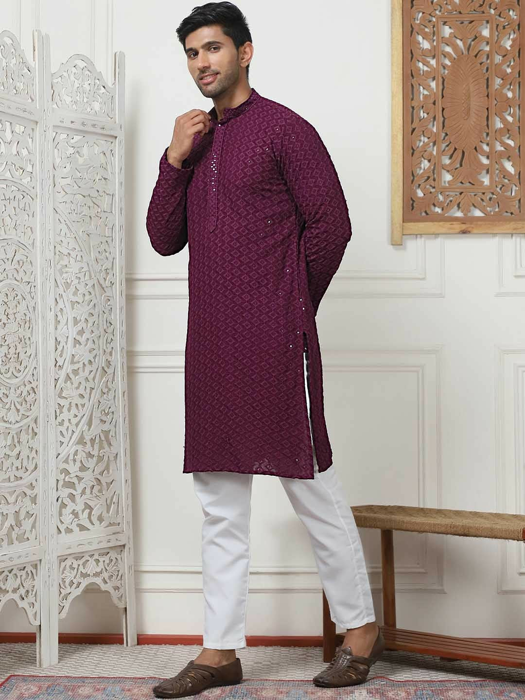 Men Embroidered Regular Sequinned Kurta with Purple Pyjamas – Stylish & Comfortable Kurta Set for Men