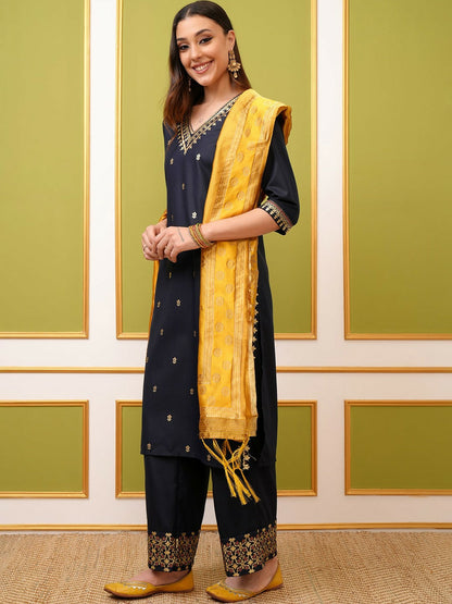 Buy Women’s Navy Blue Ethnic Motifs Printed Kurta with Palazzos & Dupatta Set Online - Indiaista