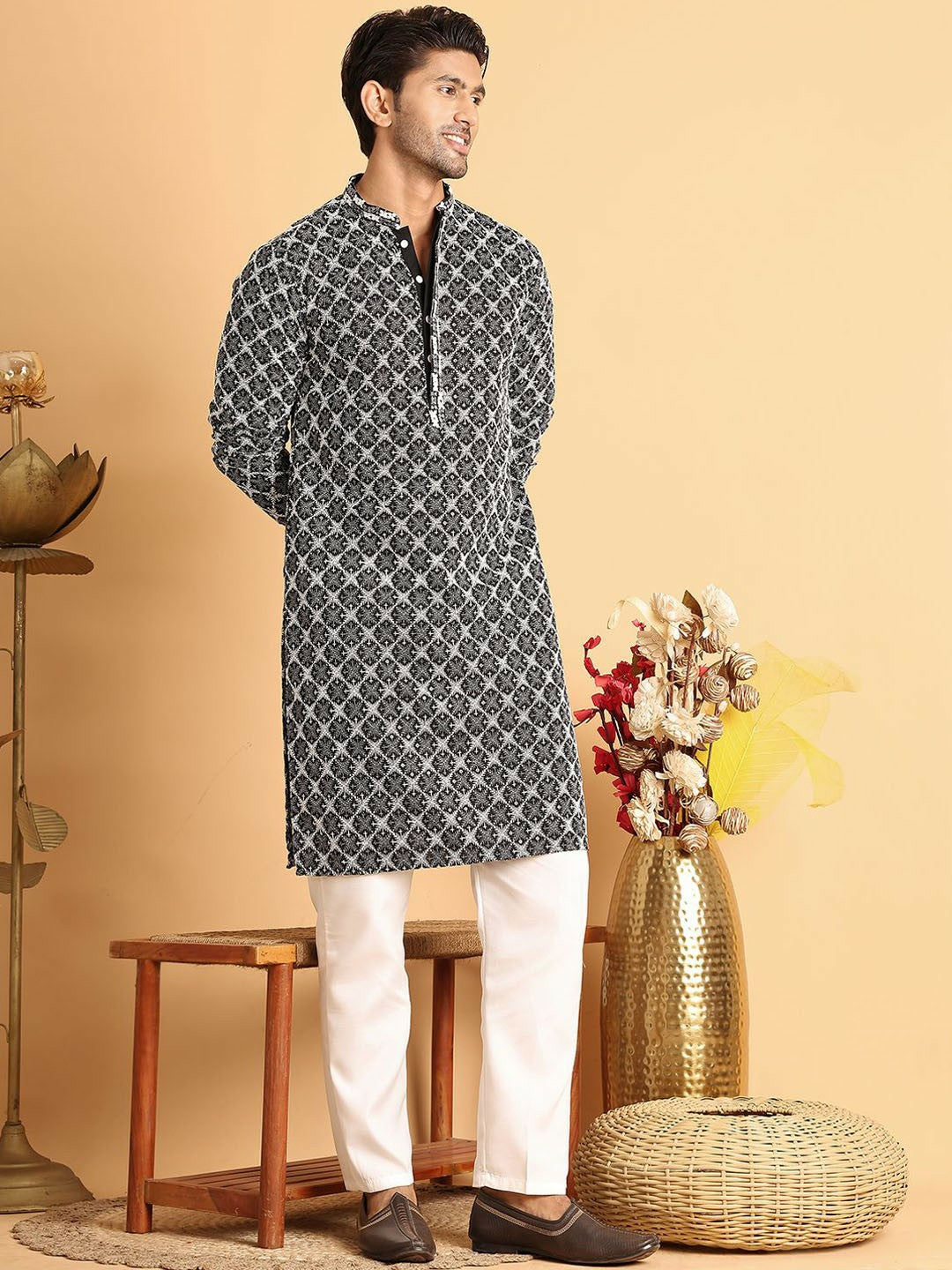 Buy Men's Floral Embroidered Black Kurta Set with Pyjamas – Indiaista