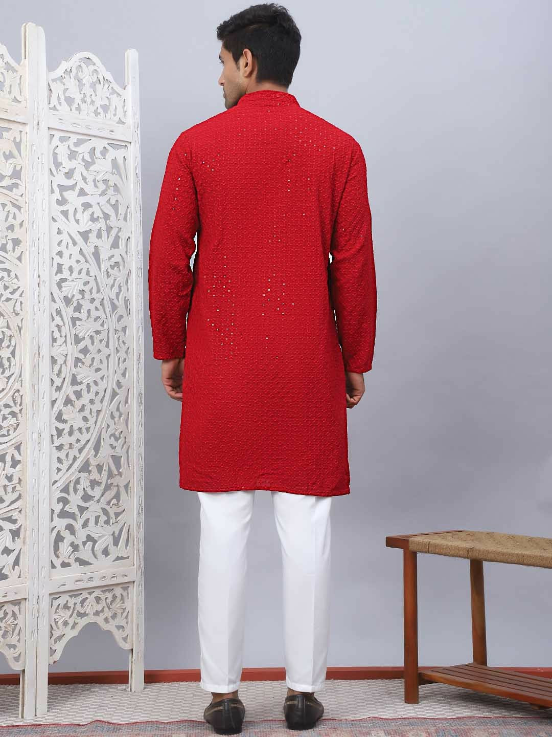 Buy Men’s Maroon Floral Embroidered Kurta Set with Pyjamas | Pure Cotton & Sequinned Detail