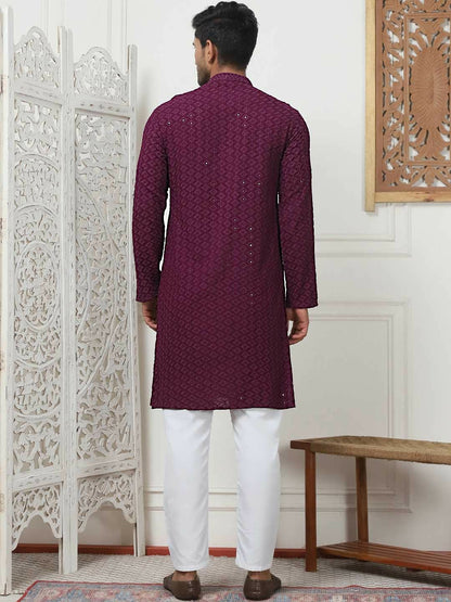 Men Embroidered Regular Sequinned Kurta with Purple Pyjamas – Stylish & Comfortable Kurta Set for Men