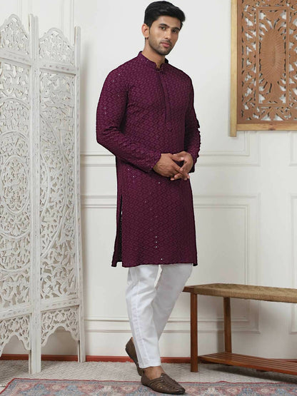 Men Embroidered Regular Sequinned Kurta with Purple Pyjamas – Stylish & Comfortable Kurta Set for Men