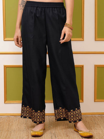 Buy Women’s Navy Blue Ethnic Motifs Printed Kurta with Palazzos & Dupatta Set Online - Indiaista