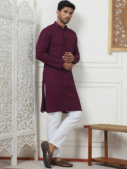 Men Embroidered Regular Sequinned Kurta with Purple Pyjamas – Stylish & Comfortable Kurta Set for Men