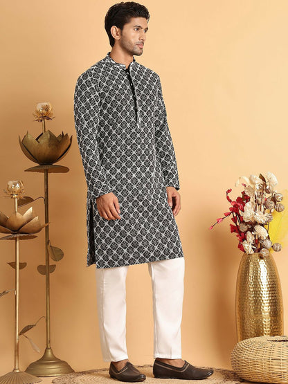 Buy Men's Floral Embroidered Black Kurta Set with Pyjamas – Indiaista