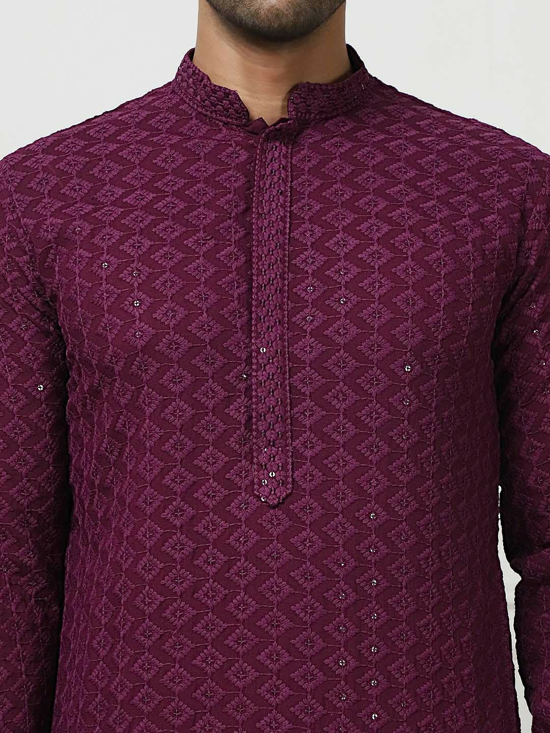 Men Embroidered Regular Sequinned Kurta with Purple Pyjamas – Stylish & Comfortable Kurta Set for Men