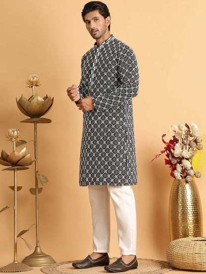 Buy Men's Floral Embroidered Black Kurta Set with Pyjamas – Indiaista