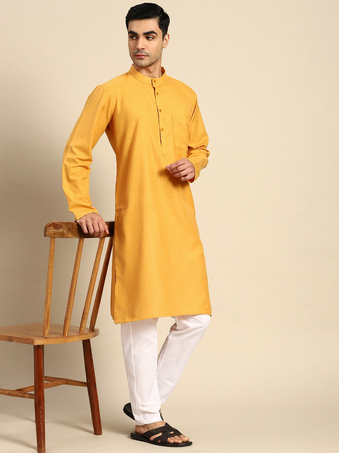 Men Pure Cotton Mustard Yellow Kurta with Pyjamas - Solid, Straight Shape, Mandarin Collar | Indiaista