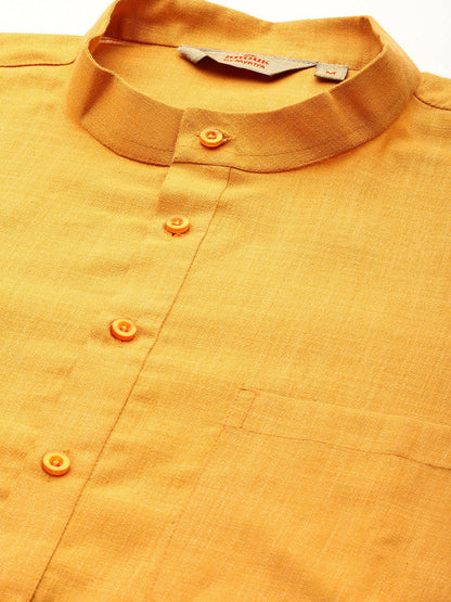 Men Pure Cotton Mustard Yellow Kurta with Pyjamas - Solid, Straight Shape, Mandarin Collar | Indiaista